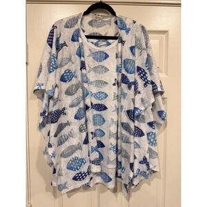 #B13 ET LOIS Tank Top and Kimono shawl Set Medium White Blue Fish Print 2pc